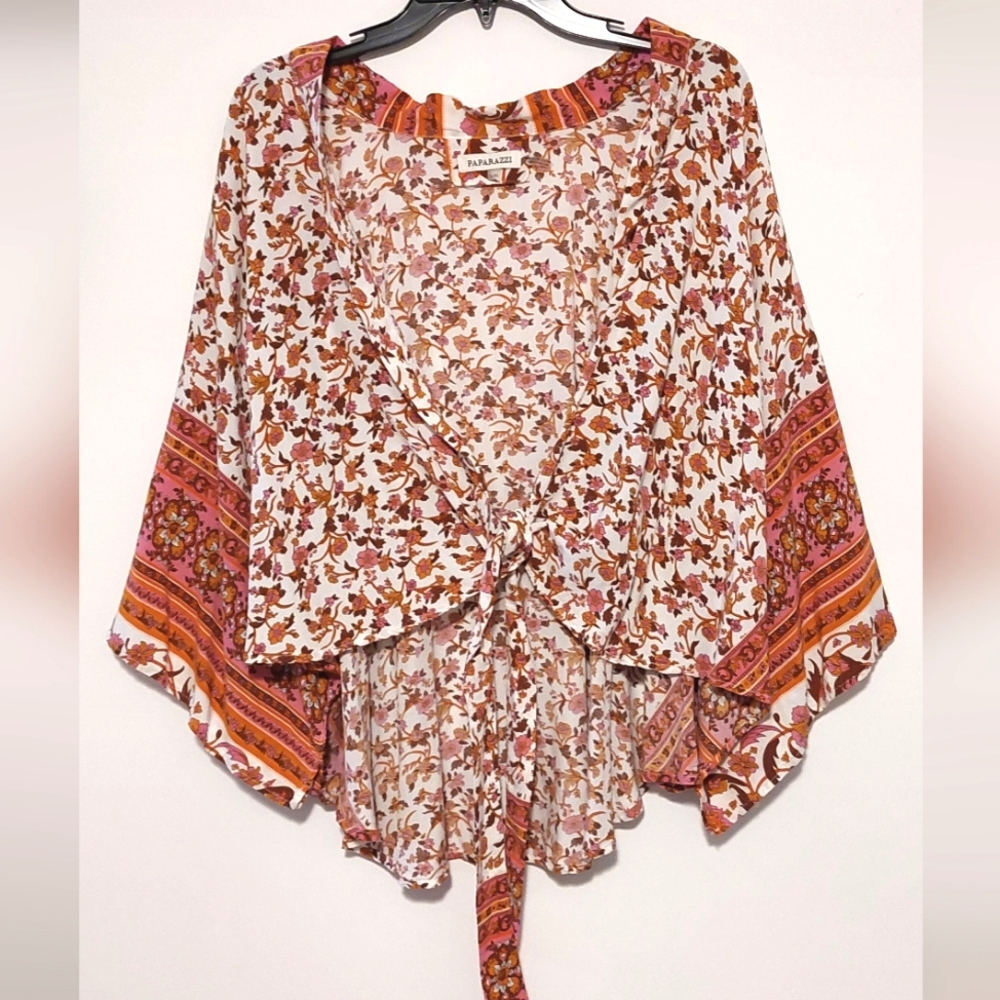 Paparazzi URBN Women's Boho Floral Tie-Front Kimono Top EUC Size L/XL